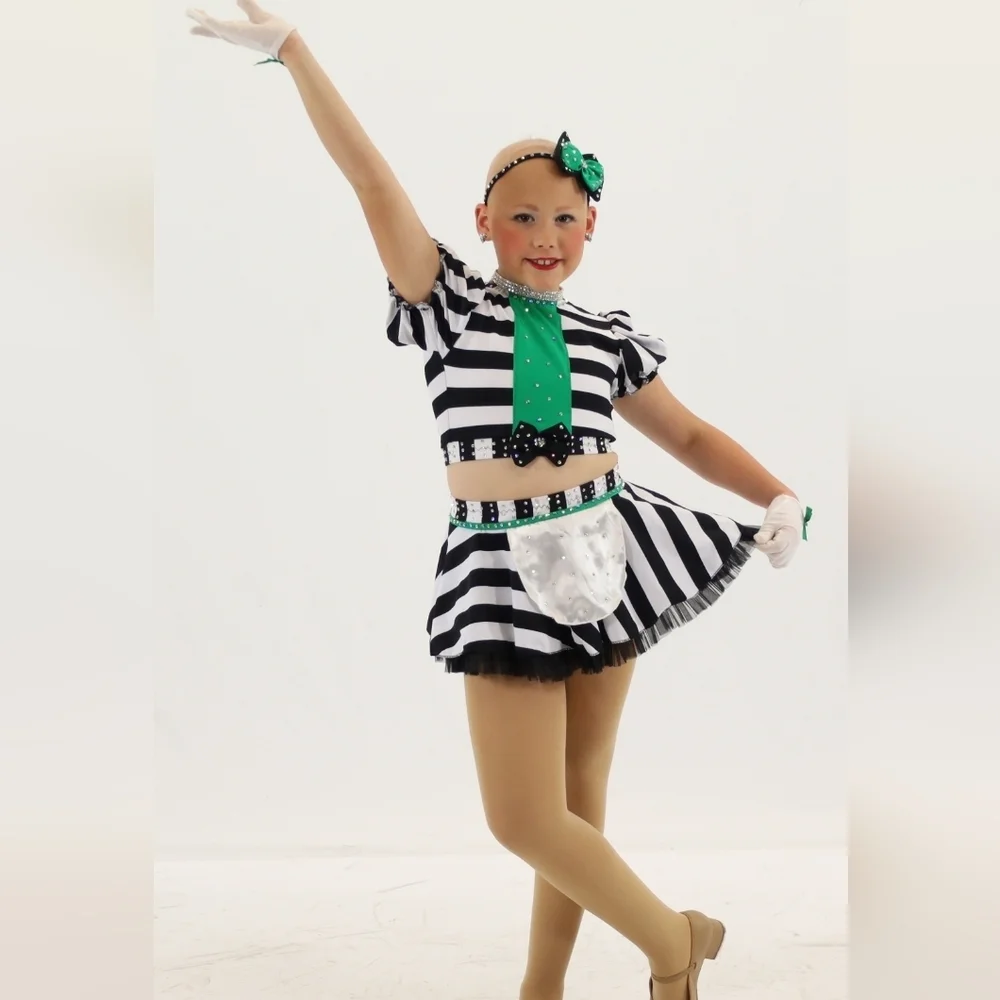 Striped Black and White Kids Dance  Costume Rhinestones Beetlejuice Waistress